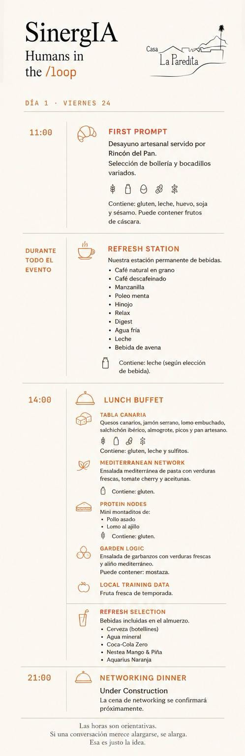 Menú del día 1 — viernes 24: First Prompt (desayuno), Refresh Station, Lunch Buffet y Networking Dinner