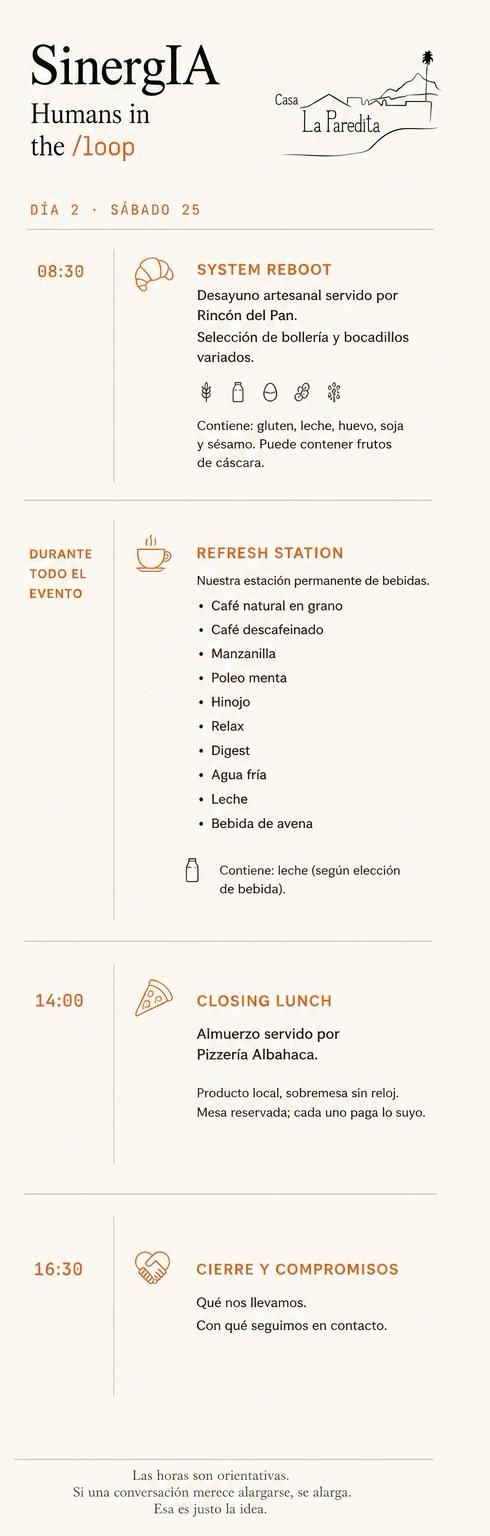 Menú del día 2 — sábado 25: System Reboot (desayuno), Refresh Station y Closing Lunch